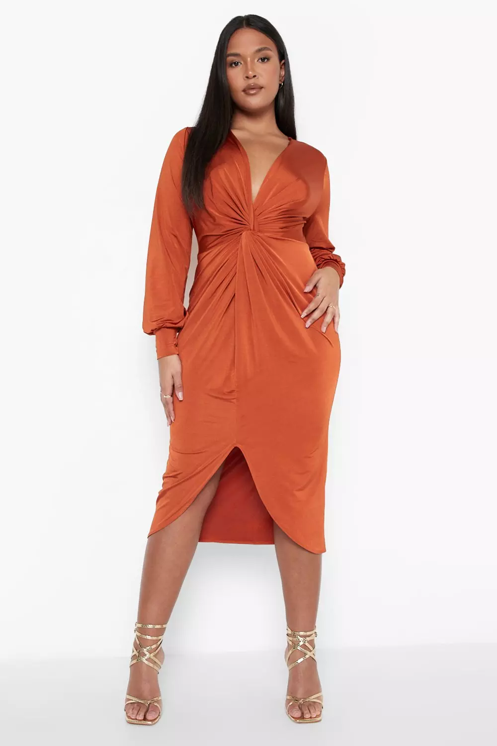 Rust satin twist front hotsell open sleeve wrap dress